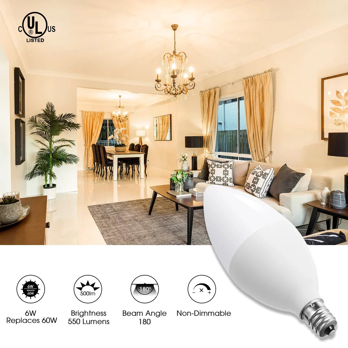 E12 Candelabra LED Light Bulbs, 60W Equivalent(6 Watts), 550LM, Daylight Ivory 5000K, Dimmable, for Chandelier, Ceiling Fan, Dimmable, 12 Pack