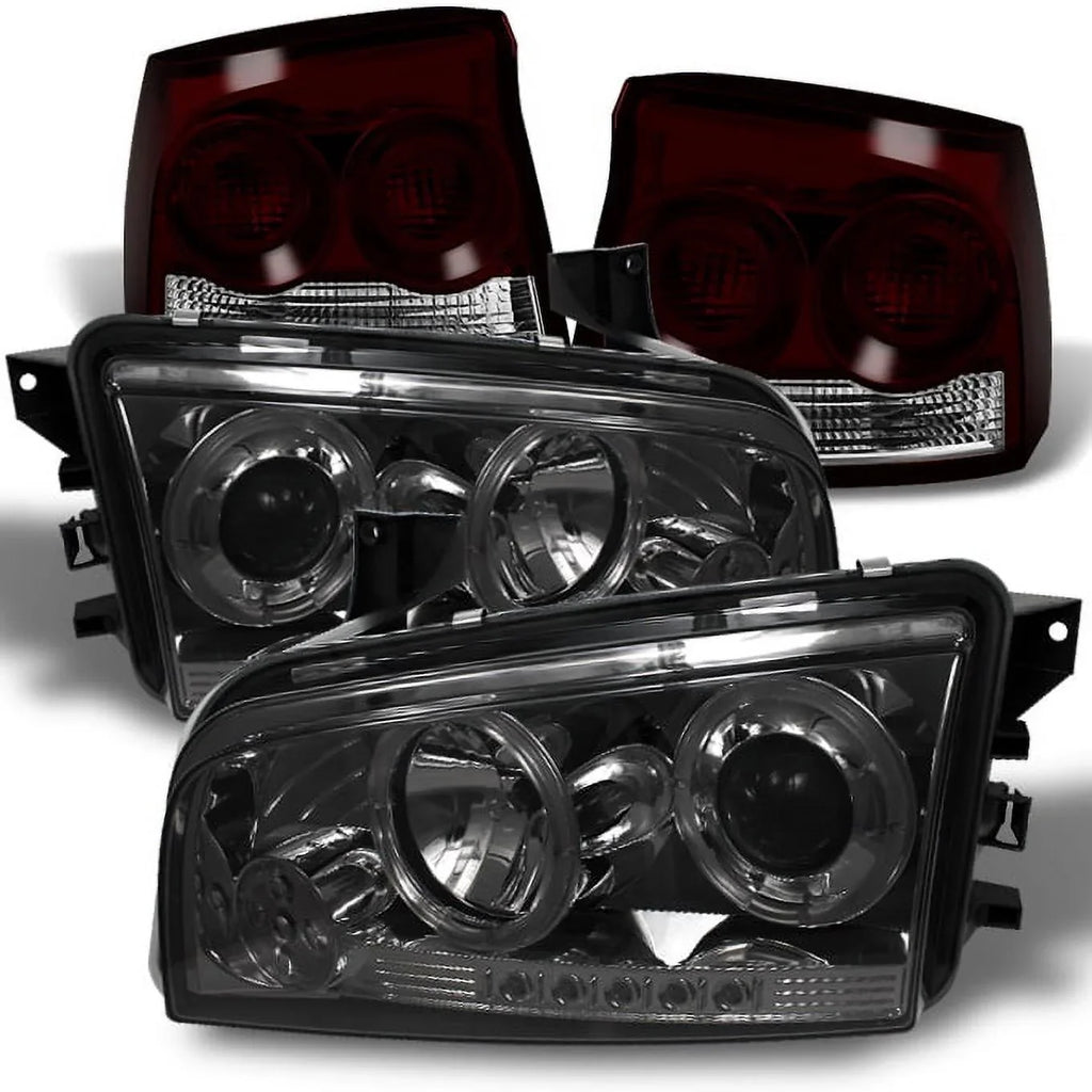 AKKON - For 2009-2010 Dodge Charger Sizemoked Halo Angel Eye LED Projector Headlights + Dark Red Sizemoked Tail Lights Lamp