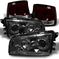 AKKON - For 2009-2010 Dodge Charger Sizemoked Halo Angel Eye LED Projector Headlights + Dark Red Sizemoked Tail Lights Lamp