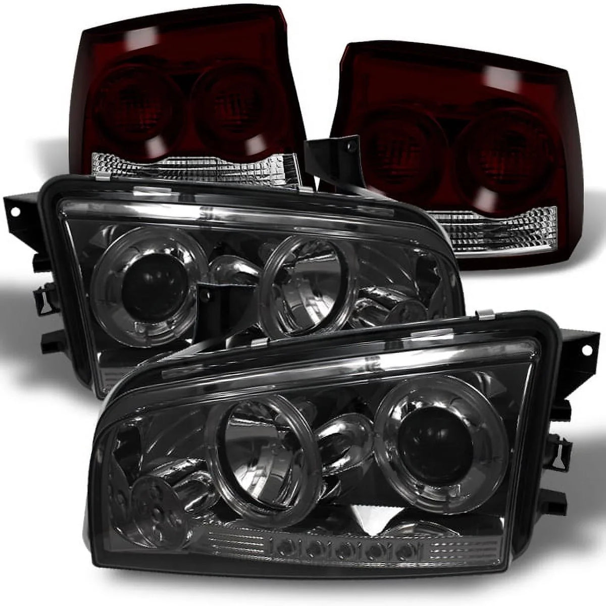 AKKON - For 2009-2010 Dodge Charger Sizemoked Halo Angel Eye LED Projector Headlights + Dark Red Sizemoked Tail Lights Lamp