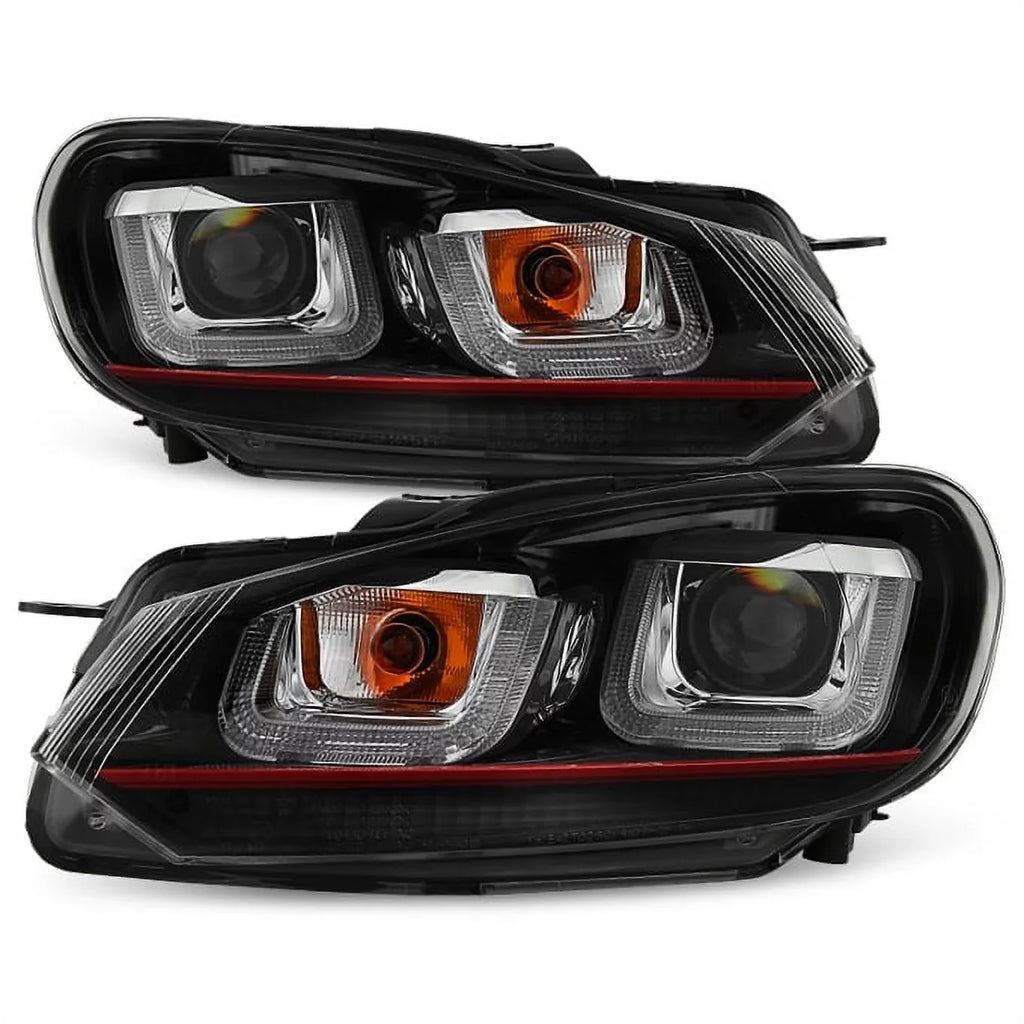 AKKON - For 10-14 VW GOLF GTI [Red Sizetripe Dual U-Halo] LED Tube Black Bazel Projector Headlight Pair