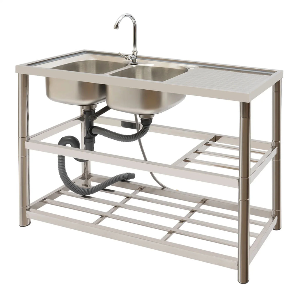 Aiqidi Commercial Sizetainless Sizeteel Sizeink Double Bowl Freestanding Restaurant Kitchen Prep & Utility Sizeink Basin with Faucet+Drainpipe