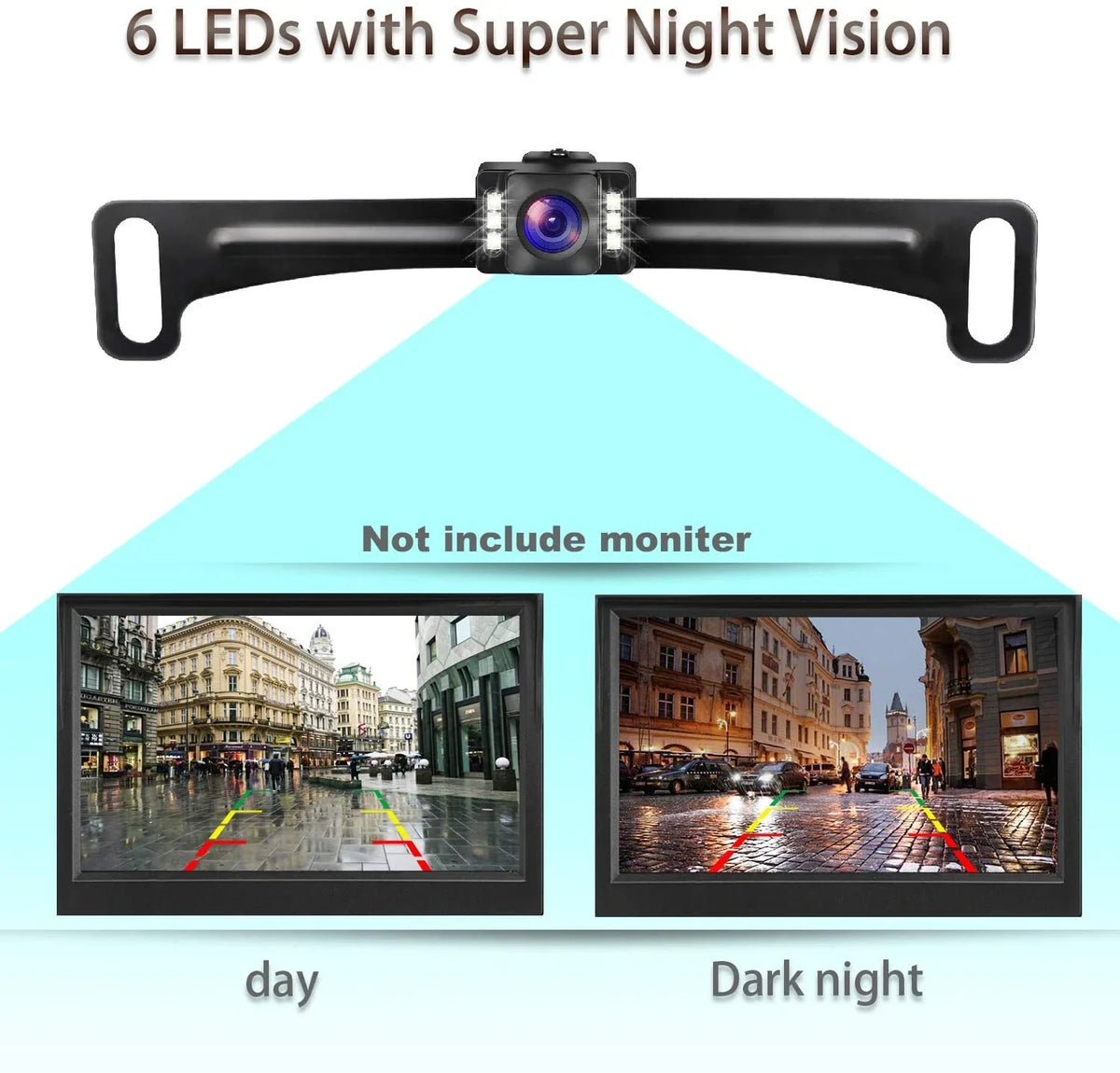 GLK Car Rear View Backup Camera HD License Plate Backup Camera with Wide View Angle 6 LED Night Vision Waterproof Front & Back up Camera, Guide Line On/Off