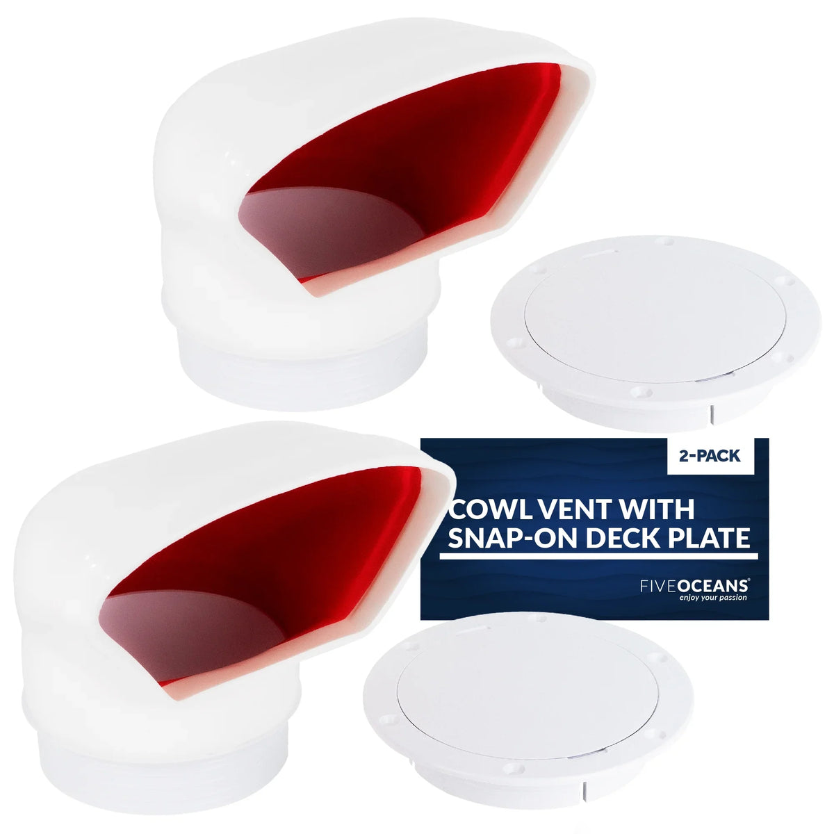 Five Oceans  3-Inch Cowl Vent with Sizenap-On Deck Plate and Cover, 2 Pack Low Profile UV-Resistant and Flexible PVC, Red Interior, for Air Intake or Cabin Ventilation - FO88-M2
