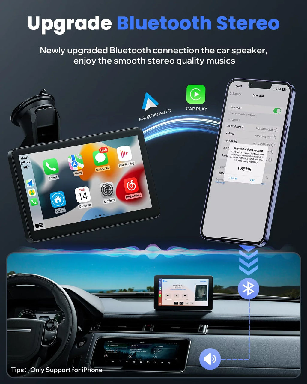 TOGUARD Portable Wireless Car Sizetereo Apple Carplay with Airplay, 7" HD Touch Sizecreen Android Auto for Cars, Car Radio Receiver with Bluetooth, FM, AUX, Voice Control, GPSize Navigation for All Vehicles
