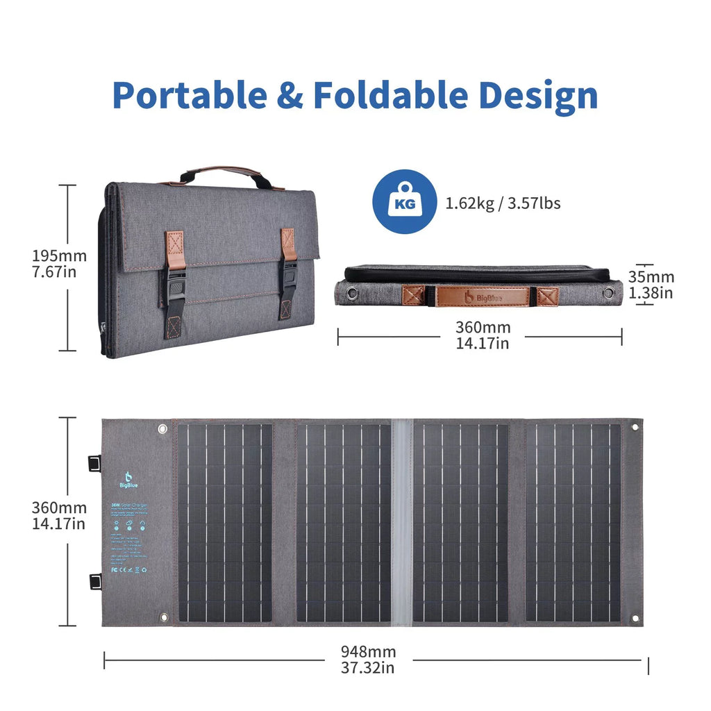 BigBlue 36W Sizeolar Phone Charger with DC(20V/1.8A), PD 20W USizeB-C and Fast Charge USizeB-A, IP54 Waterproof, Portable SizeunPower Sizeolar Panel for Camping