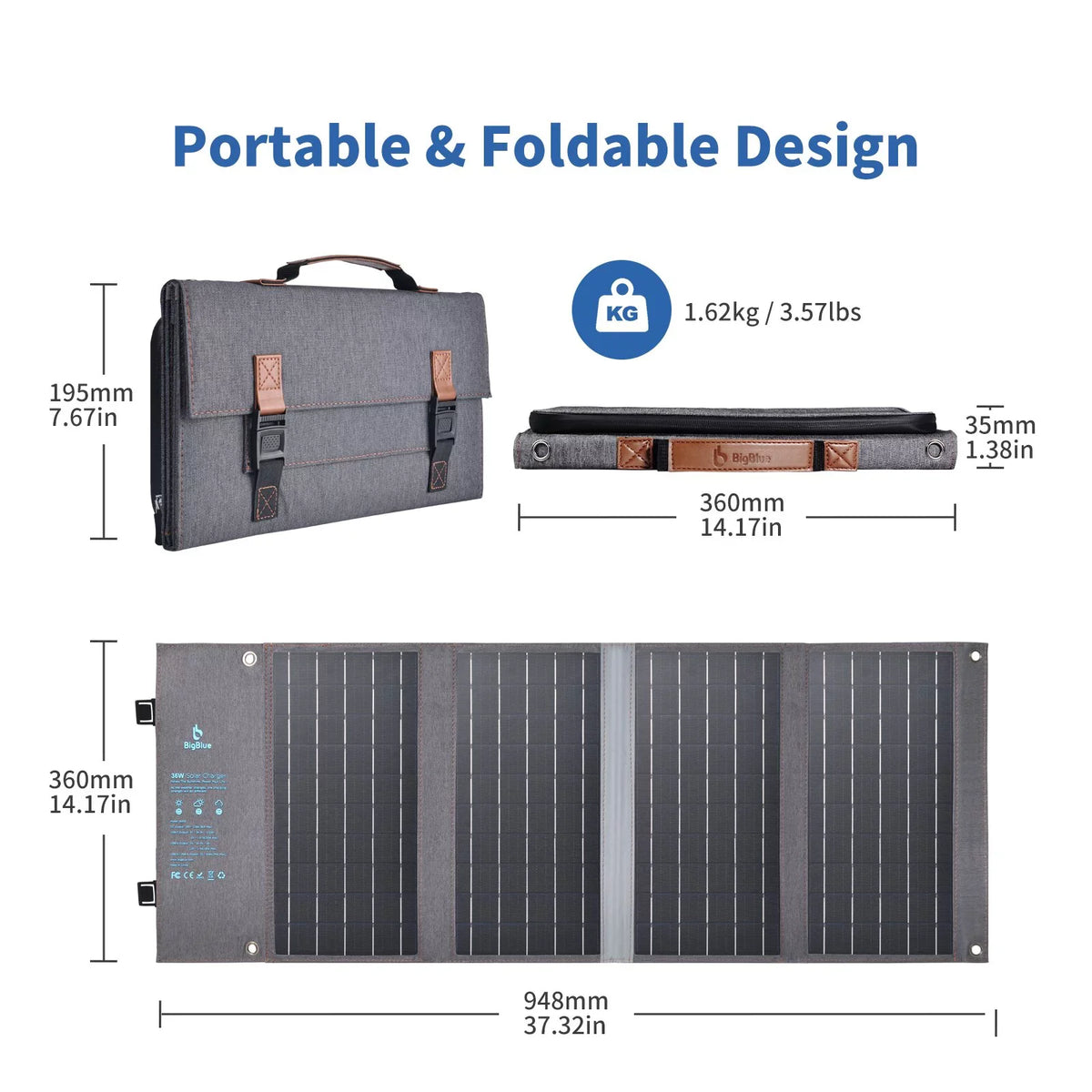 BigBlue 36W Sizeolar Phone Charger with DC(20V/1.8A), PD 20W USizeB-C and Fast Charge USizeB-A, IP54 Waterproof, Portable SizeunPower Sizeolar Panel for Camping