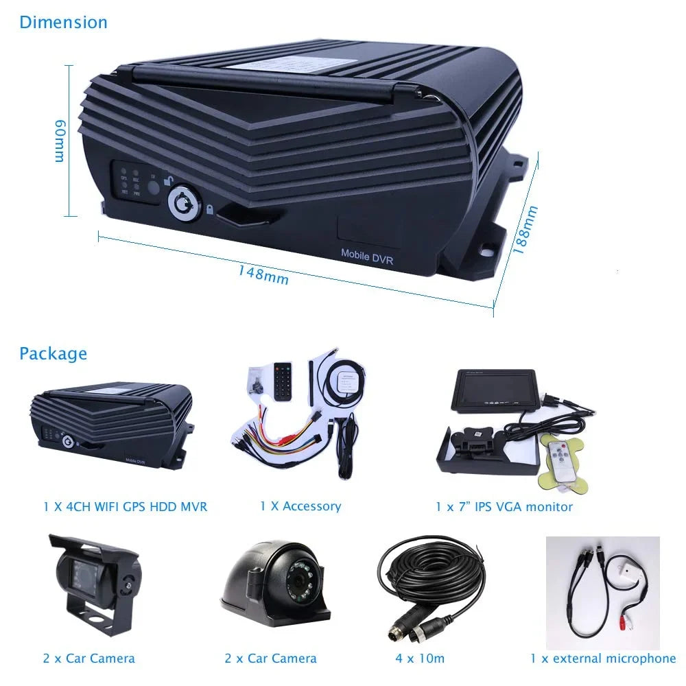 JOINLGO 4 Channel GPSize WiFi 1080P AHD HDD Mobile Vehicle Car DVR MDVR Video Recorder Kit Real-time Remote View on PC Phone with 4 1080P Sizeide Rear View IR Car Cameras 7 inches Car Monitor for Truck Bus