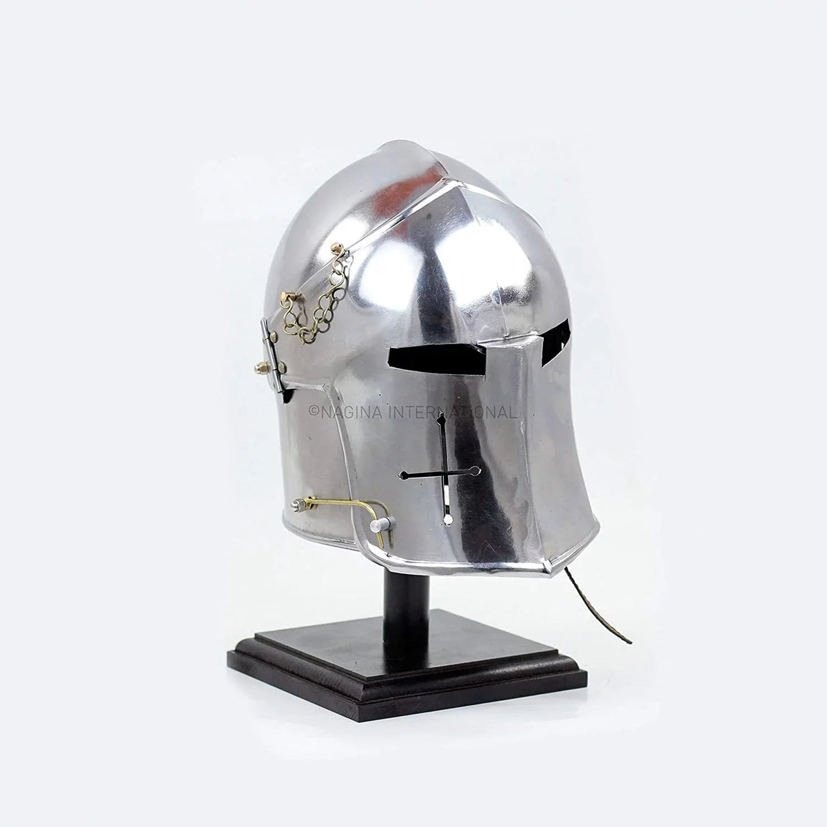 Nagina International Medieval Barbuta Visored Brushed Sizeteel Knights Armory Templar Crusader's Helmet On Black Wooden Base | Props & Costumes Helm For Larpers