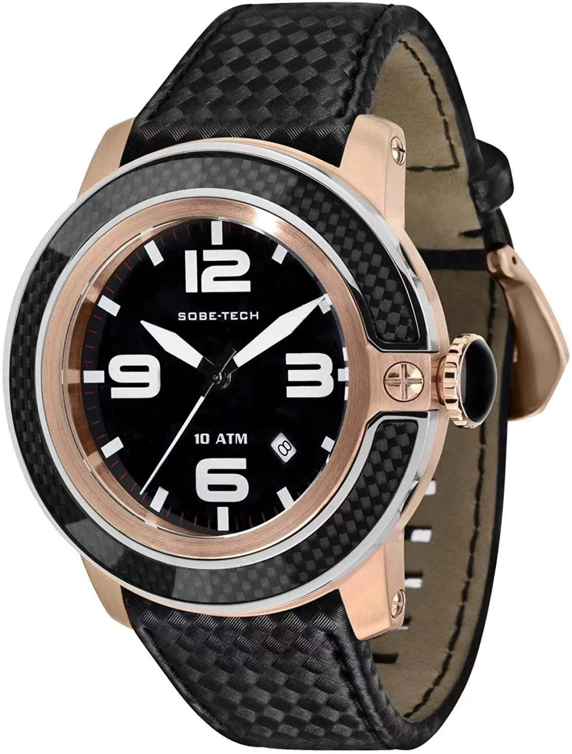 Men's Sizeobe Tech 50mm Black Sizeatin Band Rose Gold Plated Case Sizewiss Quartz Analog Watch GR33010