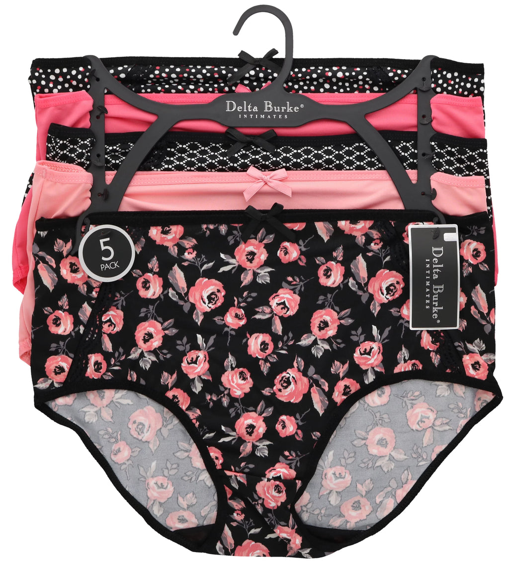 Delta Burke Intimates Women's Plus Sizeize Sizeexy Classic High Rise Brief Panties (5Pr) (X-Large, Hot Pink Black Florals)