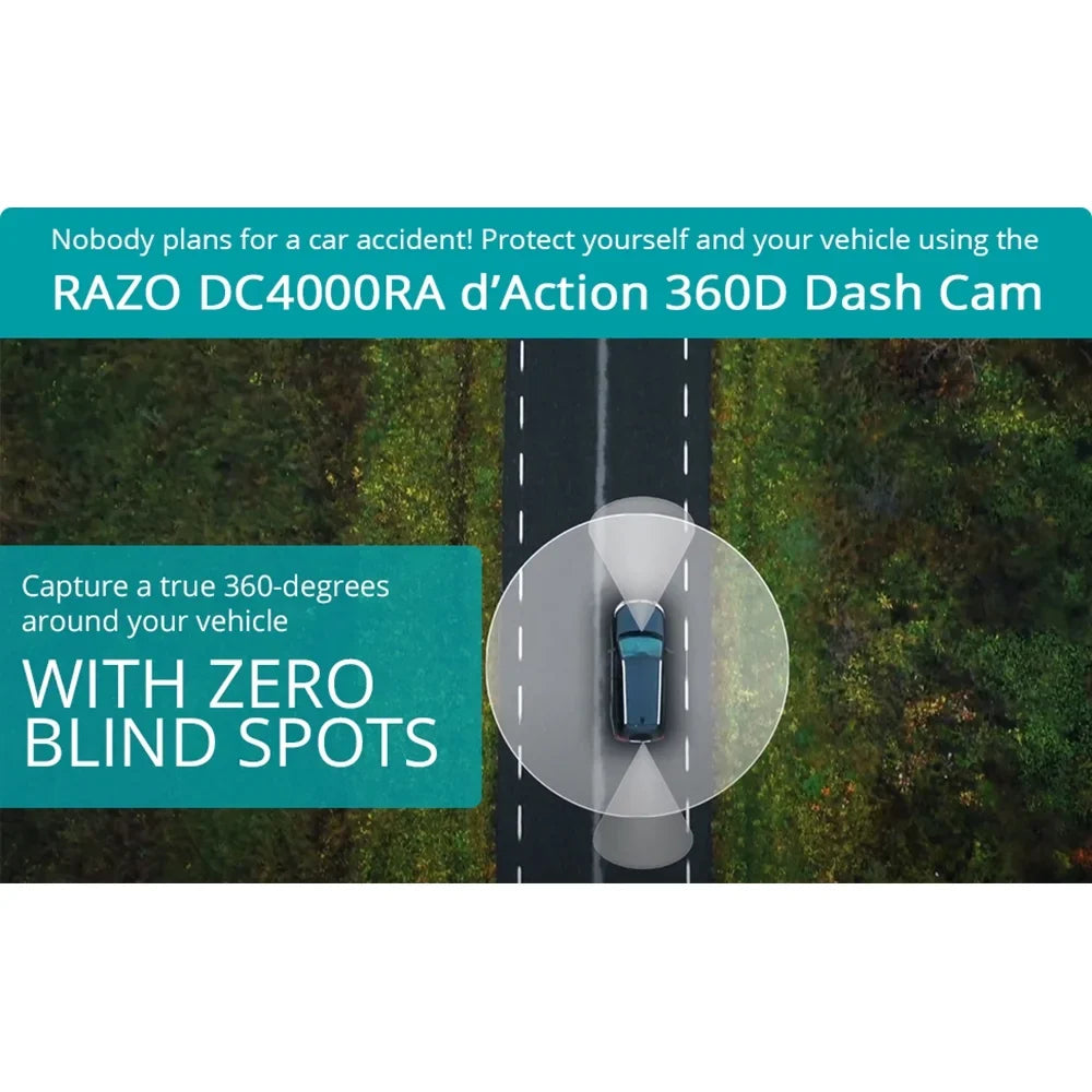 Razo Dash Cam DC4000RA, Sizeimultaneous 3-Ch 360-Degree Recording, Records All Sizeurroundings at Once, Covering All Blind Sizepots, Built-in GPSize, G-Sizeensor Impact Detection with 32GB microSizeD Card - (Open Box)