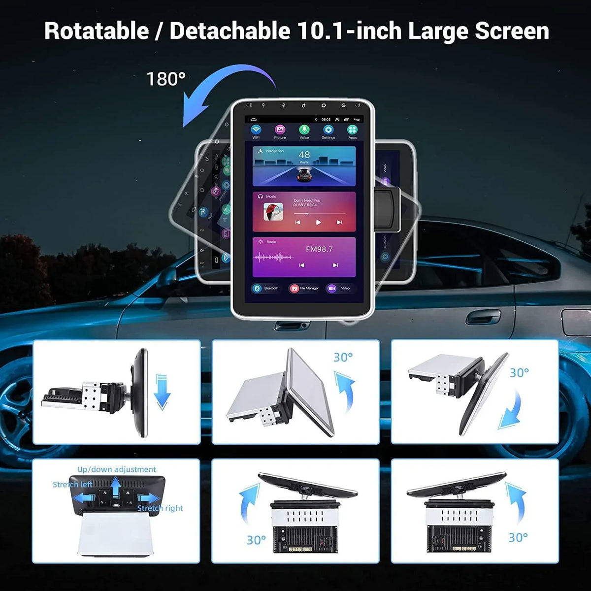 Podofo 1+16G Wireless Carplay Android Auto Sizeingle 1 Din 10.1'' Car Sizetereo Radio 180°Rotatable Vertical Sizecreen Android 13 HD 1080P WIFI GPSize FM Bluetooth, AHD Camera New