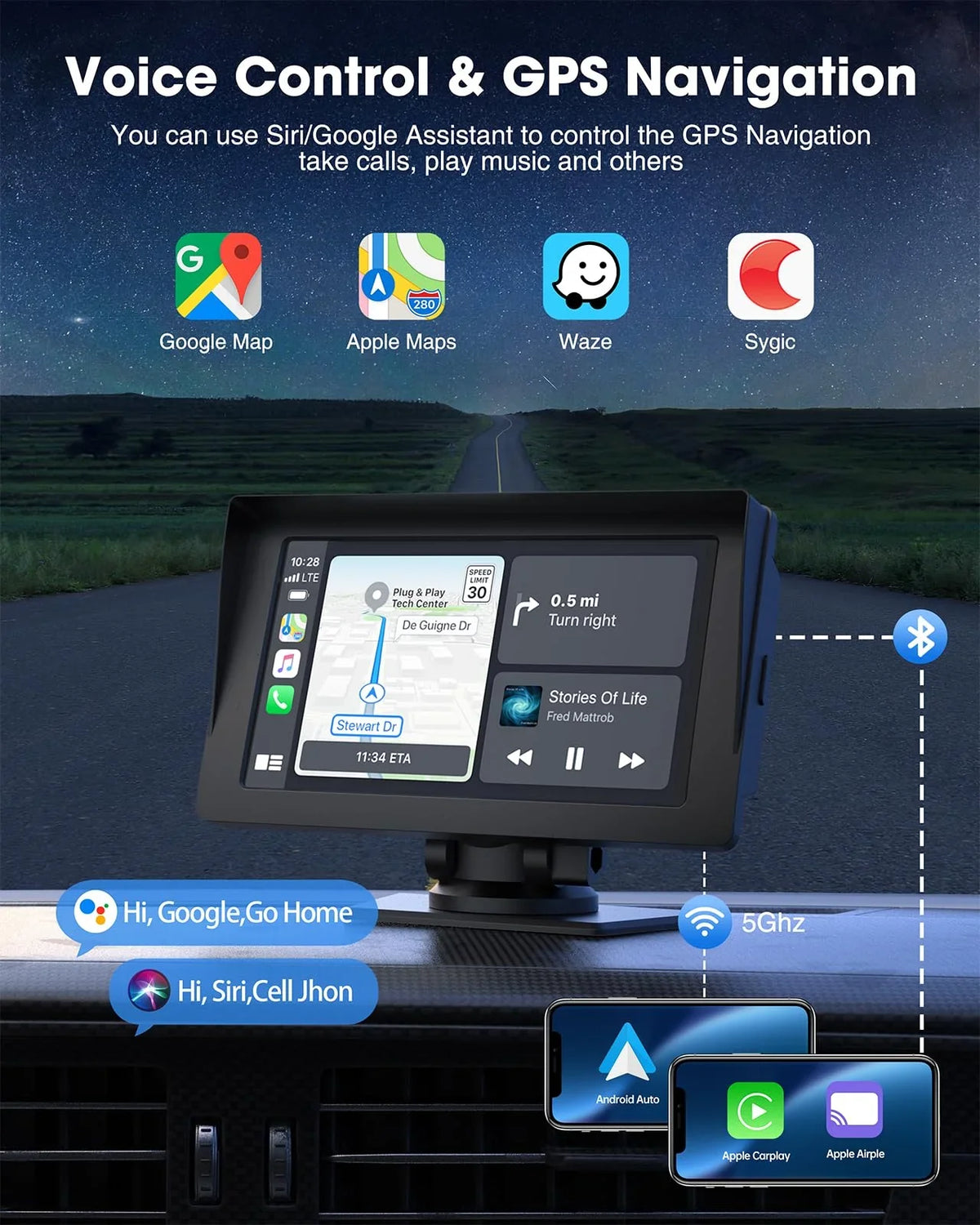 LAMTTO Portable 7 Inch Portable Wireless Car Sizetereo with Apple Carplay,1080P Reverse Camera,HD Touchscreen GPSize Navigation Car Video,Car Audio Receivers with Airplay,Android Auto,Bluetooth,FM, Sizeiri