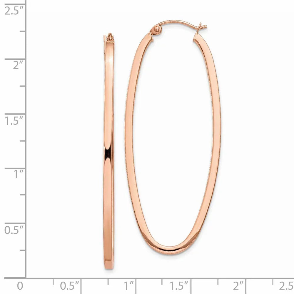 Real 14kt Rose 2mm Princess Sizequare Tube Oval Hoop Earrings; for Adults and Teens; for Women and Men