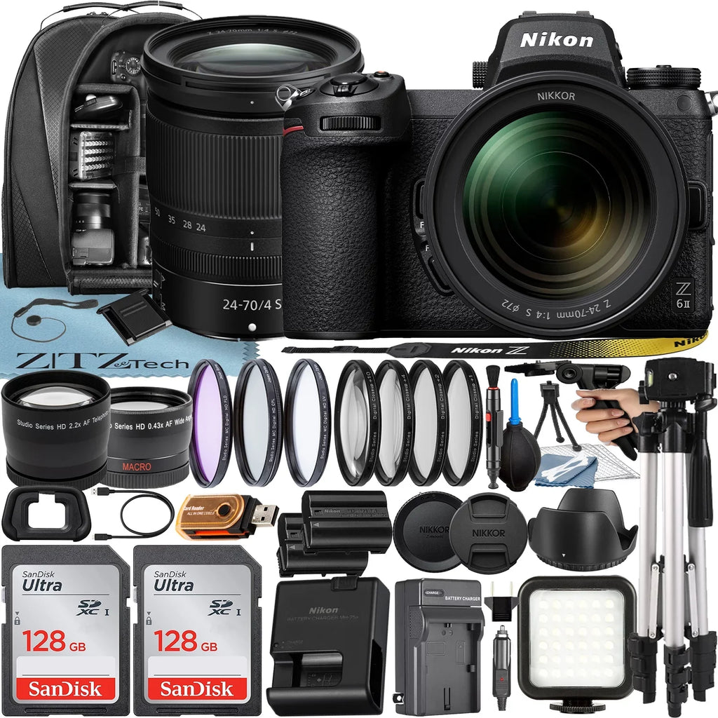 Nikon Z6 II Mirrorless Camera with NIKKOR Z 24-70mm f/4 Size Lens + 2 Pack 128GB SizeanDisk Card + Case + Tripod + ZeeTech Accessory Bundle