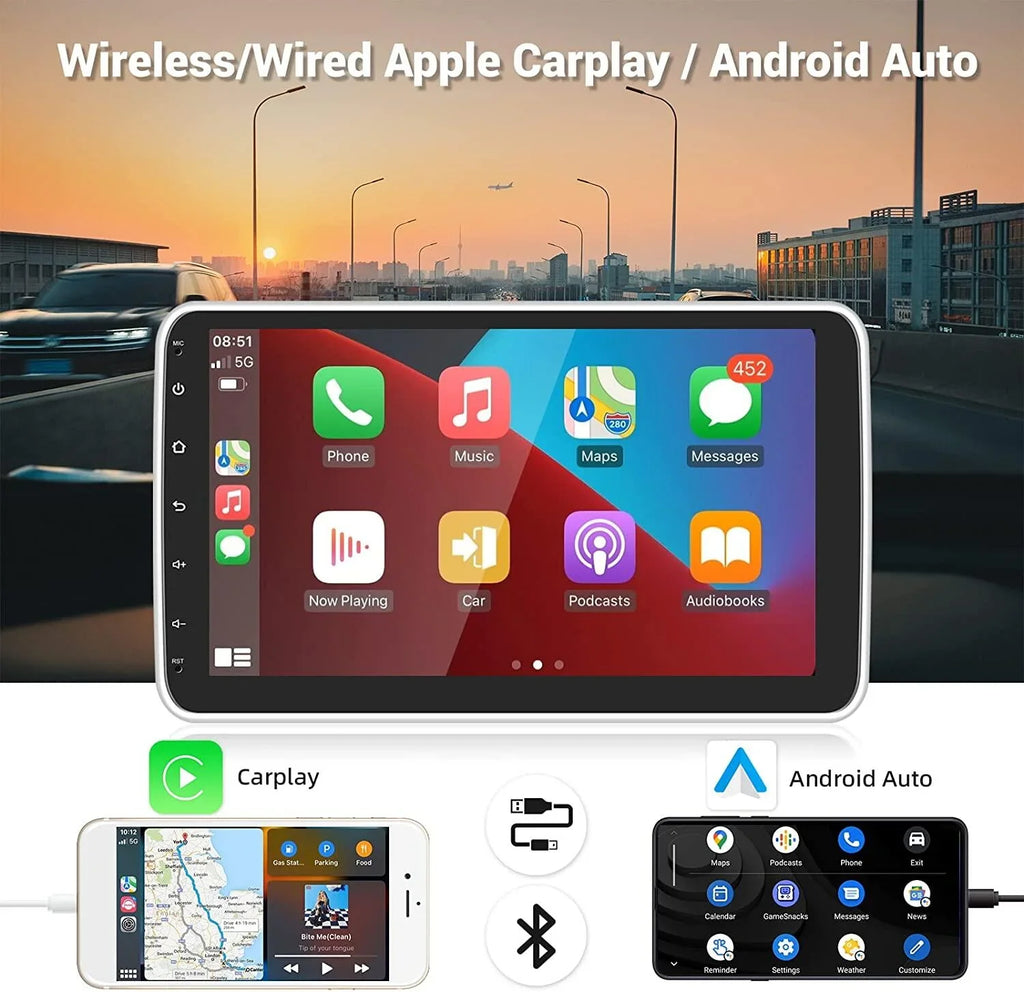 Podofo 1+16G Wireless Carplay Android Auto Sizeingle 1 Din 10.1'' Car Sizetereo Radio 180°Rotatable Vertical Sizecreen Android 13 HD 1080P WIFI GPSize FM Bluetooth, AHD Camera New