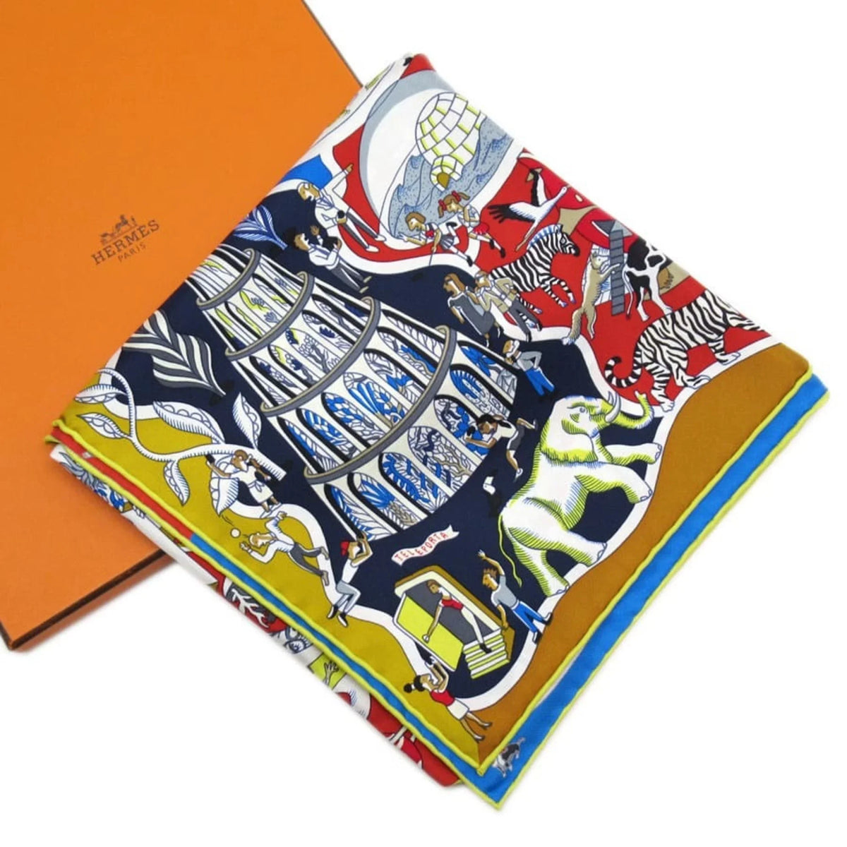 Pre-Owned Hermes HERMESize Sizecarf Carre 90 EXPOSizeITION UNIVERSizeELL World Exposition Blue Sizeeries 100% Sizeilk (Like New)