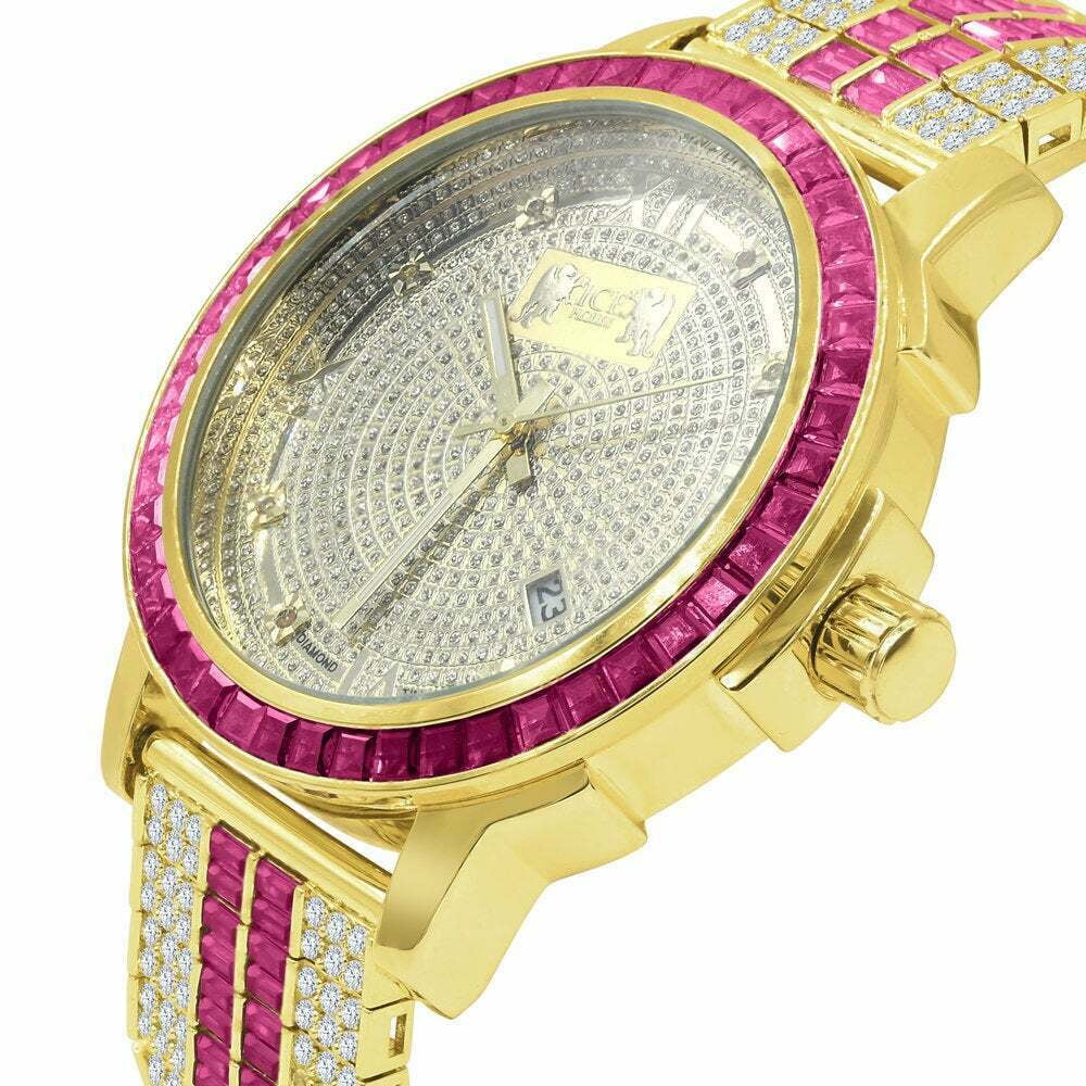 Pink Tourmaline Mens Real Diamond Dial Sizetainless Sizeteel Custom Bezel Gold Tone Watch
