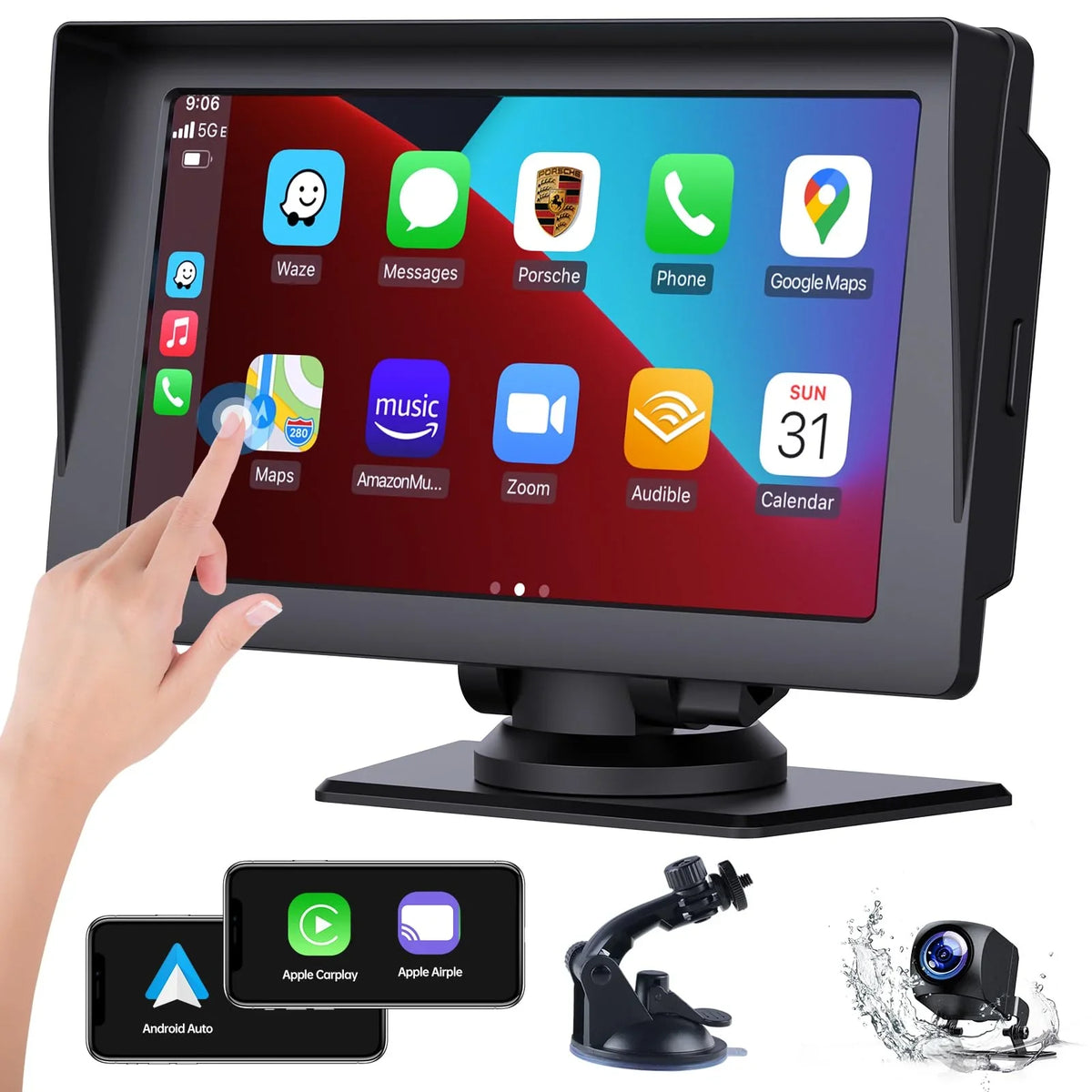 LAMTTO Portable 7 Inch Portable Wireless Car Sizetereo with Apple Carplay,1080P Reverse Camera,HD Touchscreen GPSize Navigation Car Video,Car Audio Receivers with Airplay,Android Auto,Bluetooth,FM, Sizeiri