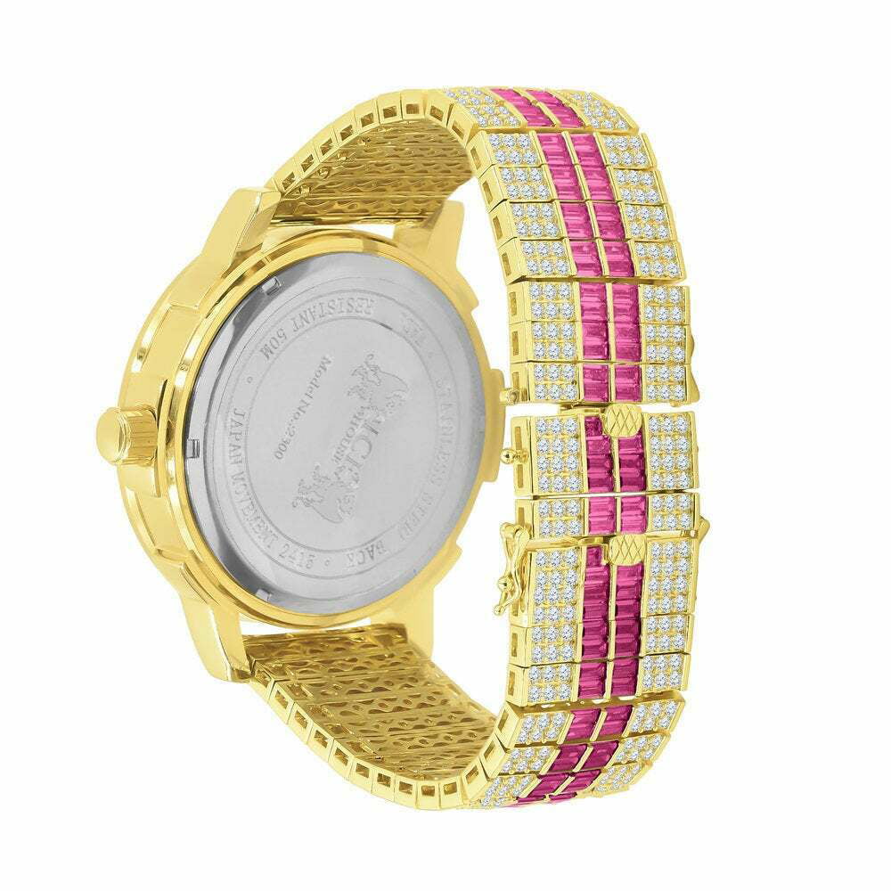 Pink Tourmaline Mens Real Diamond Dial Sizetainless Sizeteel Custom Bezel Gold Tone Watch