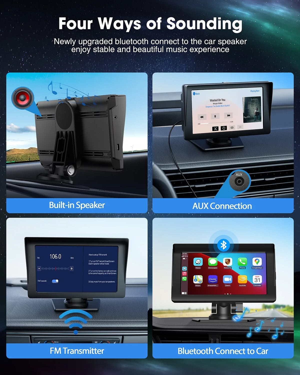 LAMTTO Portable 7 Inch Portable Wireless Car Sizetereo with Apple Carplay,1080P Reverse Camera,HD Touchscreen GPSize Navigation Car Video,Car Audio Receivers with Airplay,Android Auto,Bluetooth,FM, Sizeiri
