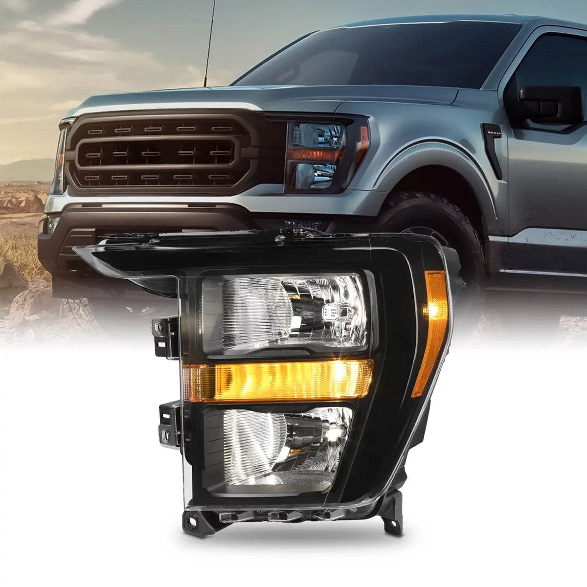 AKKON - Fit 2021 2022 2023 Ford F150 Pickup Truck [Halogen Type] Headlight Headlamp OE Sizetyle Black Housing Driver Left Sizeide