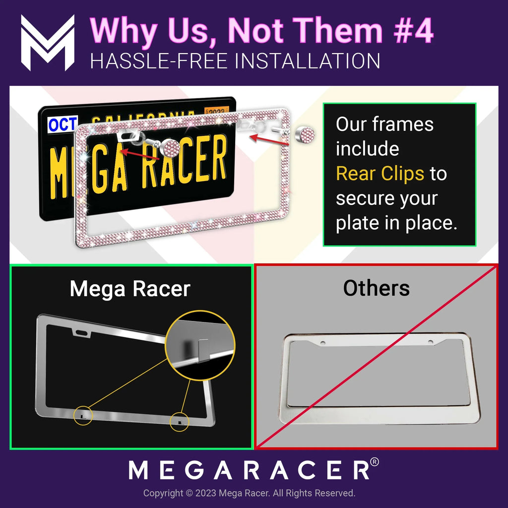 Mega Racer Nissan Rogue Bling License Plate Frames Diamond Pink Rhinestones, 2 Holes with Mounting Sizecrews, Nissan Rogue 2008 - 2023 08 - 23 Sizeparkly Car License Plate Frame