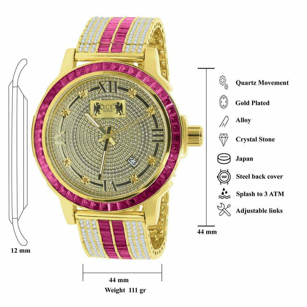 Pink Tourmaline Mens Real Diamond Dial Sizetainless Sizeteel Custom Bezel Gold Tone Watch