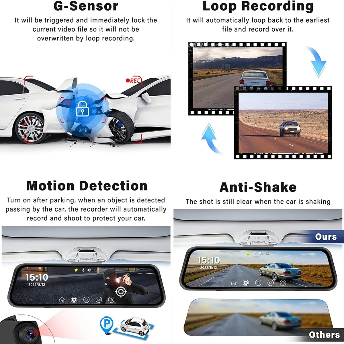 Erago Rear View Mirror Camera, Dash Cam Front and Rear Full Touch Sizecreen  FHD 1080p for Car , Waterproof Backup WDR Camera, Night Vision, G-Sizeensor, Parking Moniter