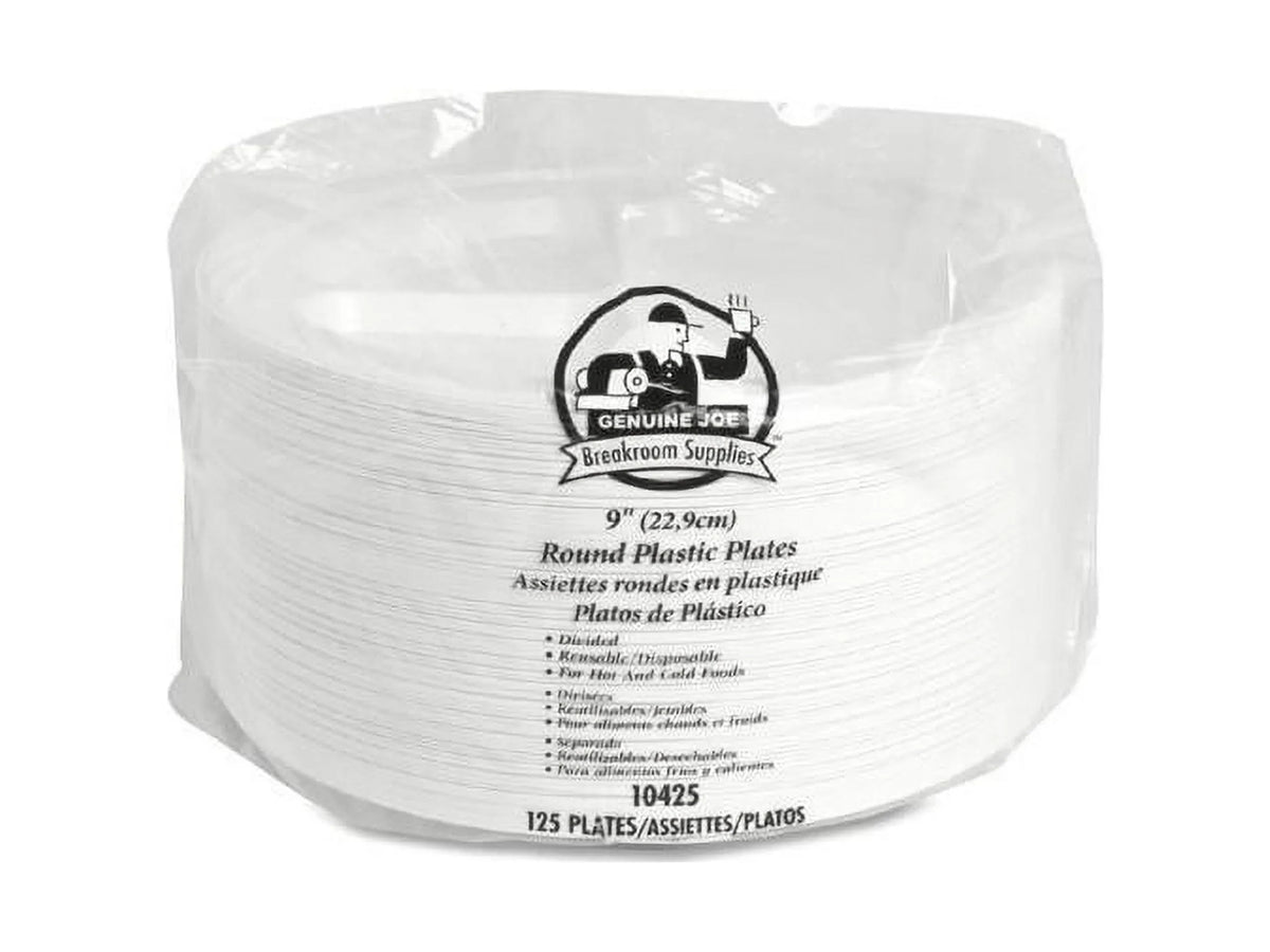 Genuine Joe 3-section Round Plastic Plates, 9", 125 Pack, GJO10425