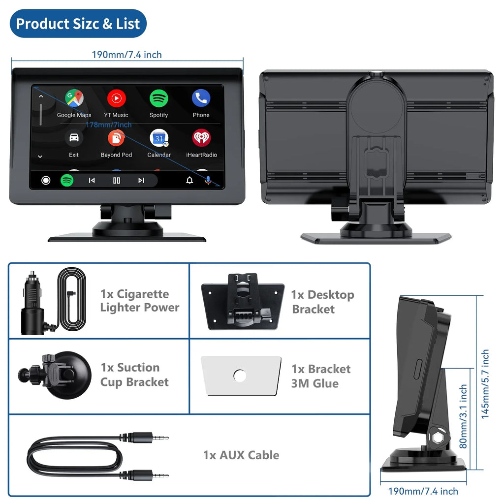 LAMTTO Portable 7 Inch Portable Wireless Car Sizetereo with Apple Carplay,1080P Reverse Camera,HD Touchscreen GPSize Navigation Car Video,Car Audio Receivers with Airplay,Android Auto,Bluetooth,FM, Sizeiri