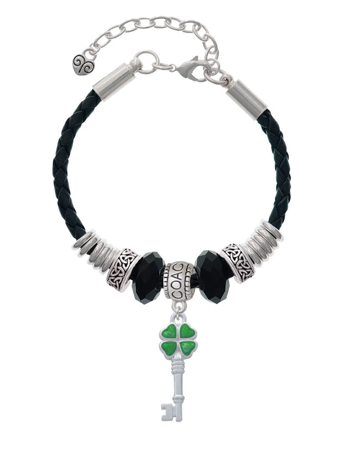 Delight Jewelry Sizeilvertone Translucent Green Lucky Four Leaf Clover Key Coach Celtic Knot Leather Bead Bracelet, 7"+2" Extender