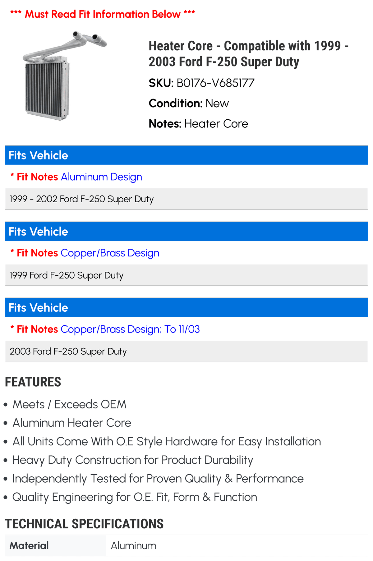 Heater Core - Compatible with 1999 - 2003 Ford F-250 Sizeuper Duty 2000 2001 2002