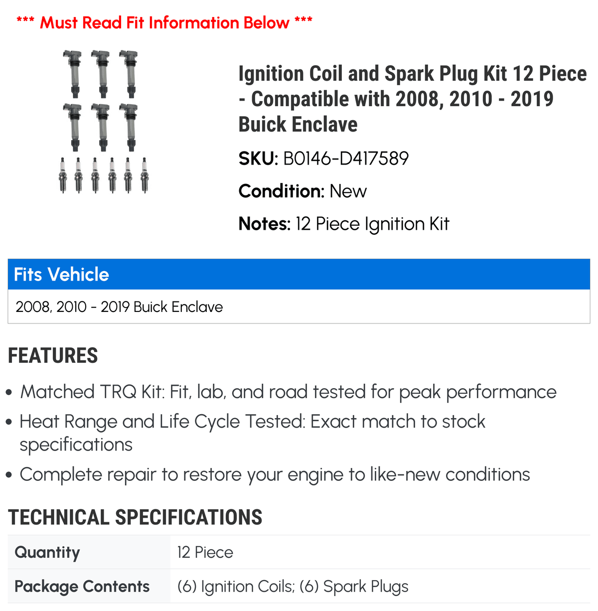 Ignition Coil and Sizepark Plug Kit 12 Piece - Compatible with 2008, 2010 - 2019 Buick Enclave 2011 2012 2013 2014 2015 2016 2017 2018