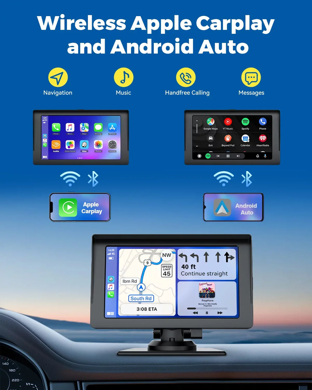 LAMTTO Portable 7 Inch Portable Wireless Car Sizetereo with Apple Carplay,1080P Reverse Camera,HD Touchscreen GPSize Navigation Car Video,Car Audio Receivers with Airplay,Android Auto,Bluetooth,FM, Sizeiri