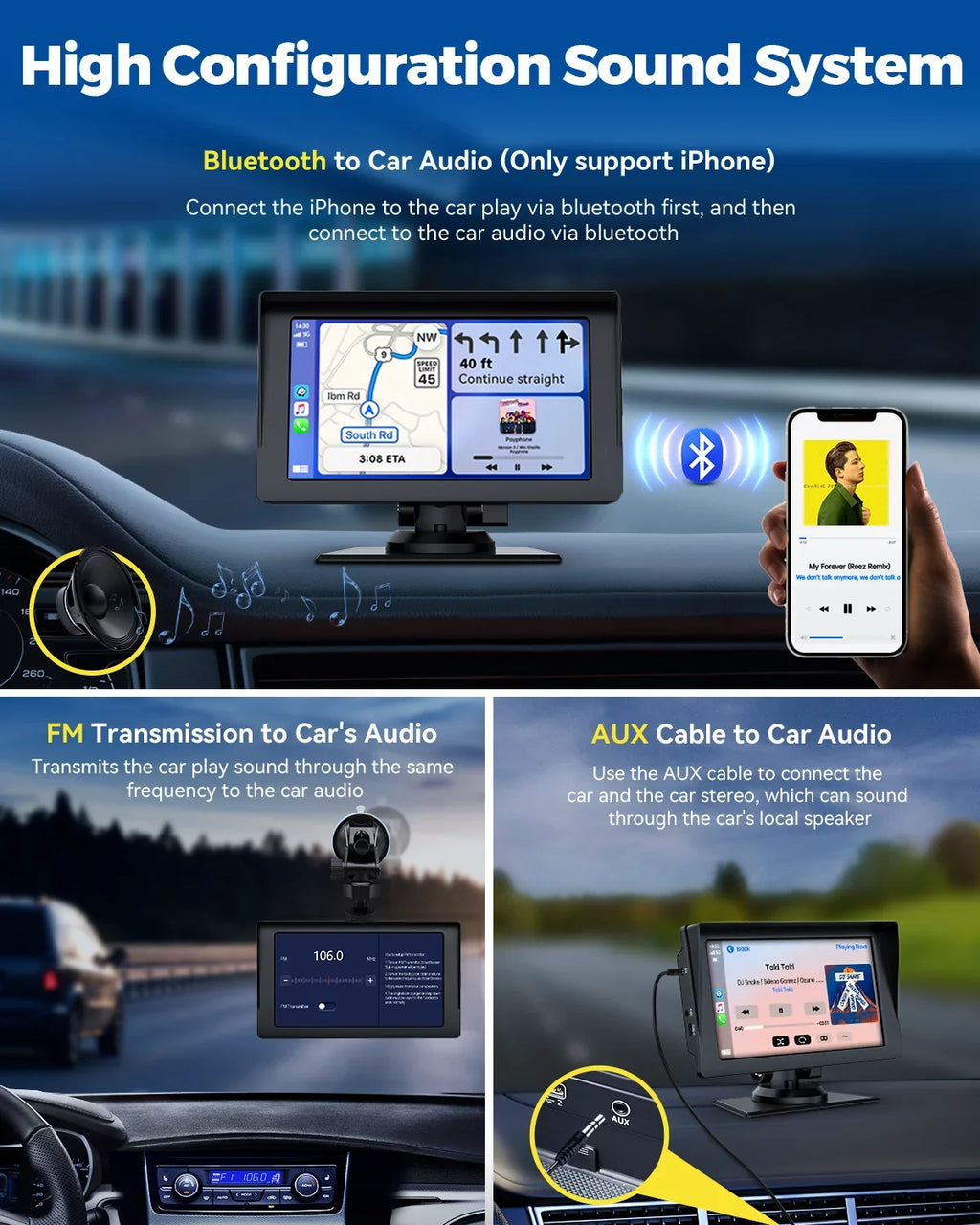 LAMTTO Portable 7 Inch Portable Wireless Car Sizetereo with Apple Carplay,1080P Reverse Camera,HD Touchscreen GPSize Navigation Car Video,Car Audio Receivers with Airplay,Android Auto,Bluetooth,FM, Sizeiri