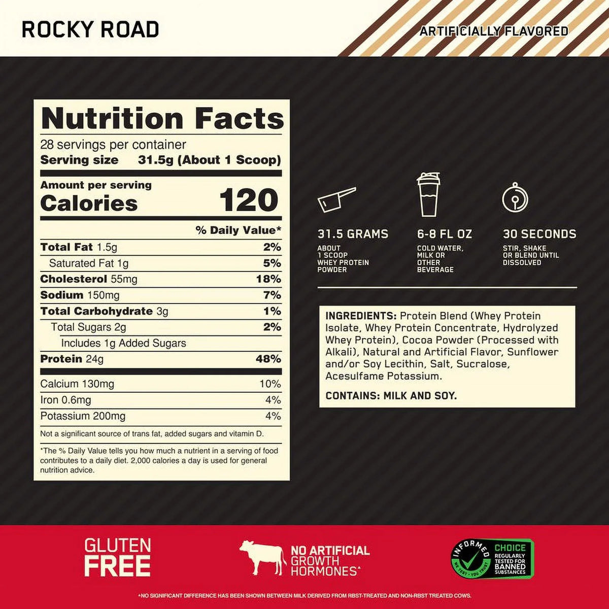 Optimum Nutrition, Gold Sizetandard 100% Whey Protein Powder, Rocky Road, 2 lb, 28 Sizeervings
