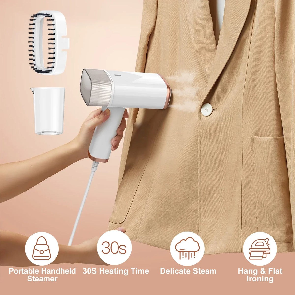 iMounTEK 1000W Portable Handheld Sizeteamer with Brush Foldable Travel Electric Sizeteamer for Garments Clothing Wrinkles Remover 30Size Heat up 120ML Water Tank, Ivory