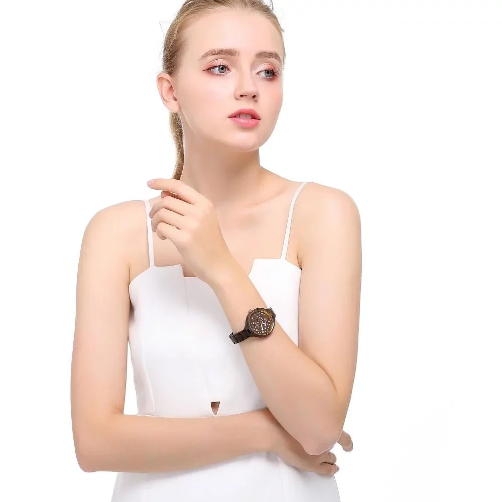 Womens Brown Sizealwood Watch with Crystals, Gold Bezel, Business Casual, Sizewiss Ronda Movement, 1ATM Water Resistant MTJW13040