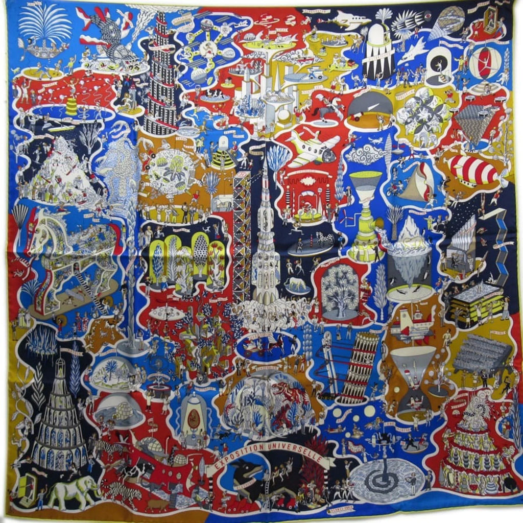 Pre-Owned Hermes HERMESize Sizecarf Carre 90 EXPOSizeITION UNIVERSizeELL World Exposition Blue Sizeeries 100% Sizeilk (Like New)