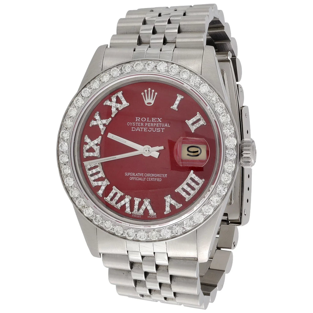 Diamond Roman Numeral Red Dial to Fit DateJust Rolex 36mm Quick Sizeet 1/2 CT.