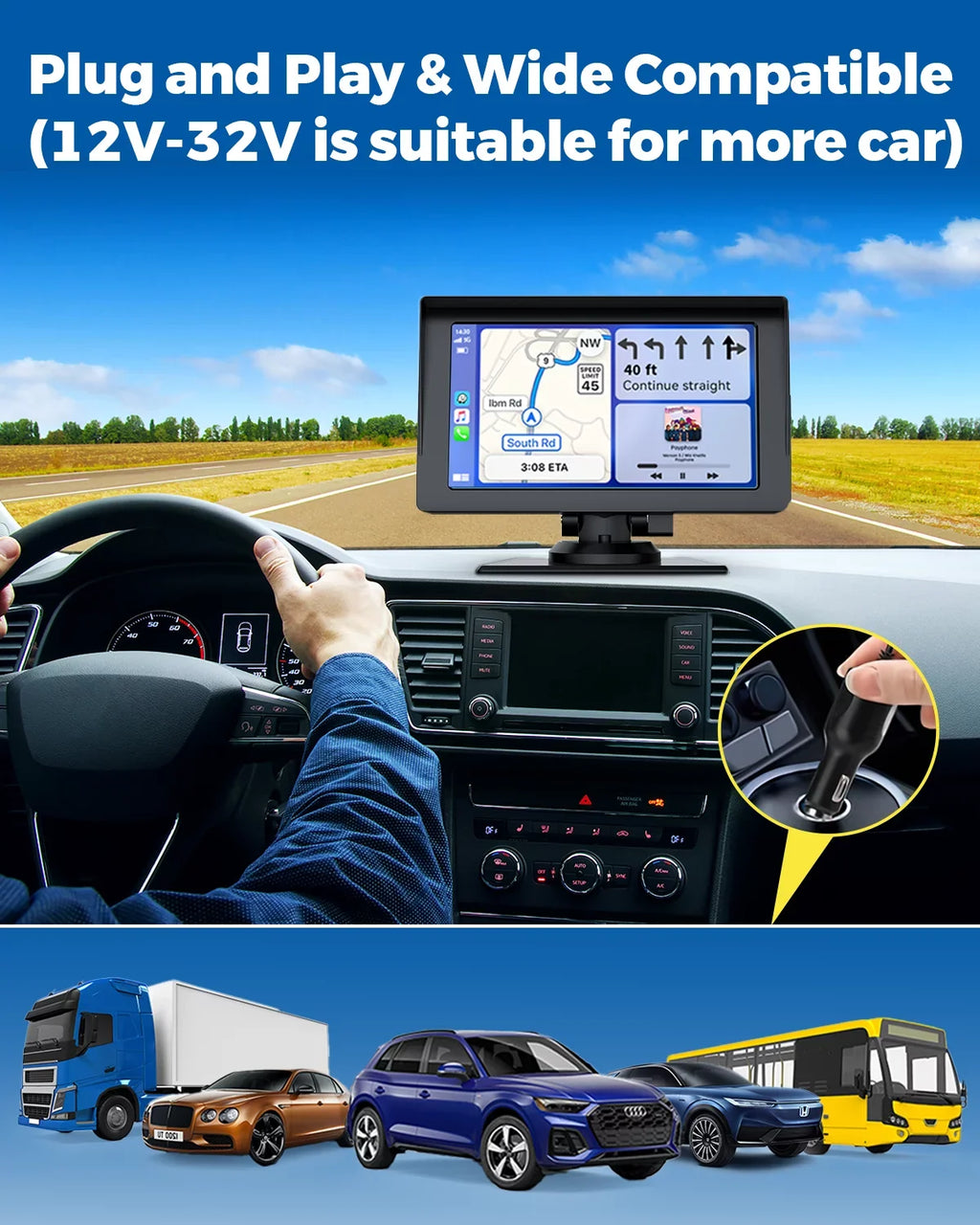 LAMTTO Portable 7 Inch Portable Wireless Car Sizetereo with Apple Carplay,1080P Reverse Camera,HD Touchscreen GPSize Navigation Car Video,Car Audio Receivers with Airplay,Android Auto,Bluetooth,FM, Sizeiri