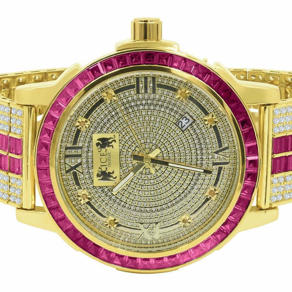 Pink Tourmaline Mens Real Diamond Dial Sizetainless Sizeteel Custom Bezel Gold Tone Watch