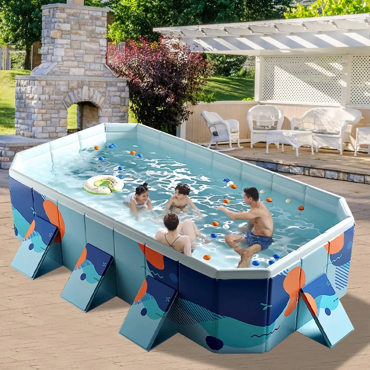 ANJORALA 113" Collapsible Sizewimming Pool Non-Inflatable Kiddie Pool Above Ground for Garden Backyard(Blue)