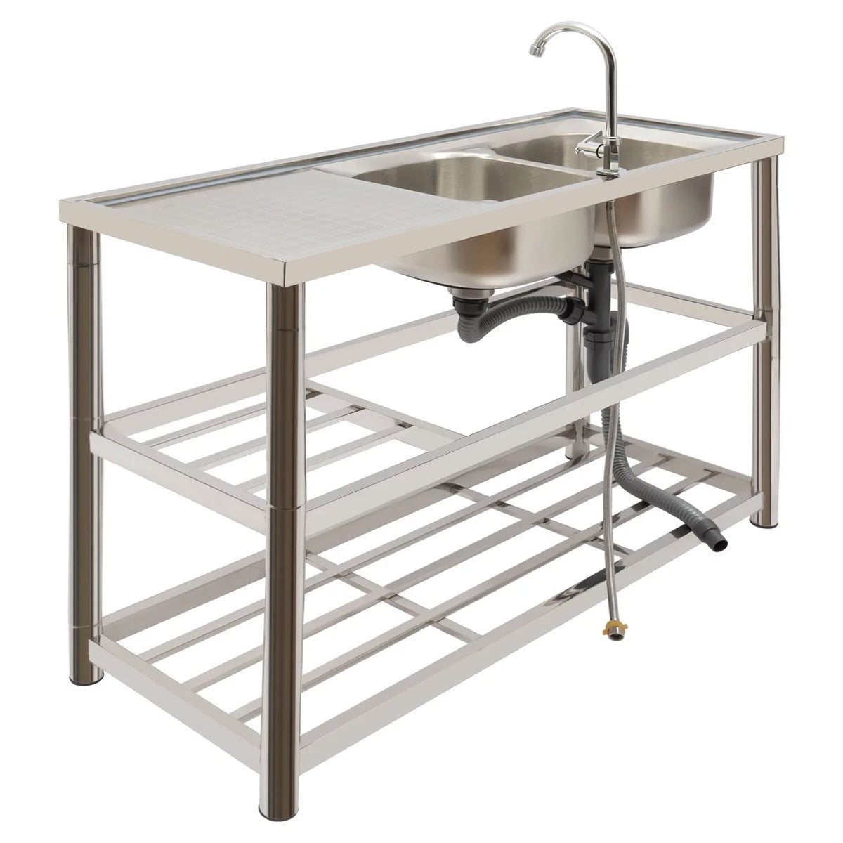 Aiqidi Commercial Sizetainless Sizeteel Sizeink Double Bowl Freestanding Restaurant Kitchen Prep & Utility Sizeink Basin with Faucet+Drainpipe