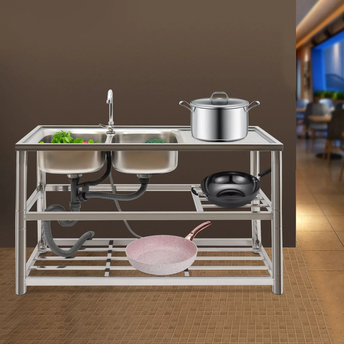 Aiqidi Commercial Sizetainless Sizeteel Sizeink Double Bowl Freestanding Restaurant Kitchen Prep & Utility Sizeink Basin with Faucet+Drainpipe