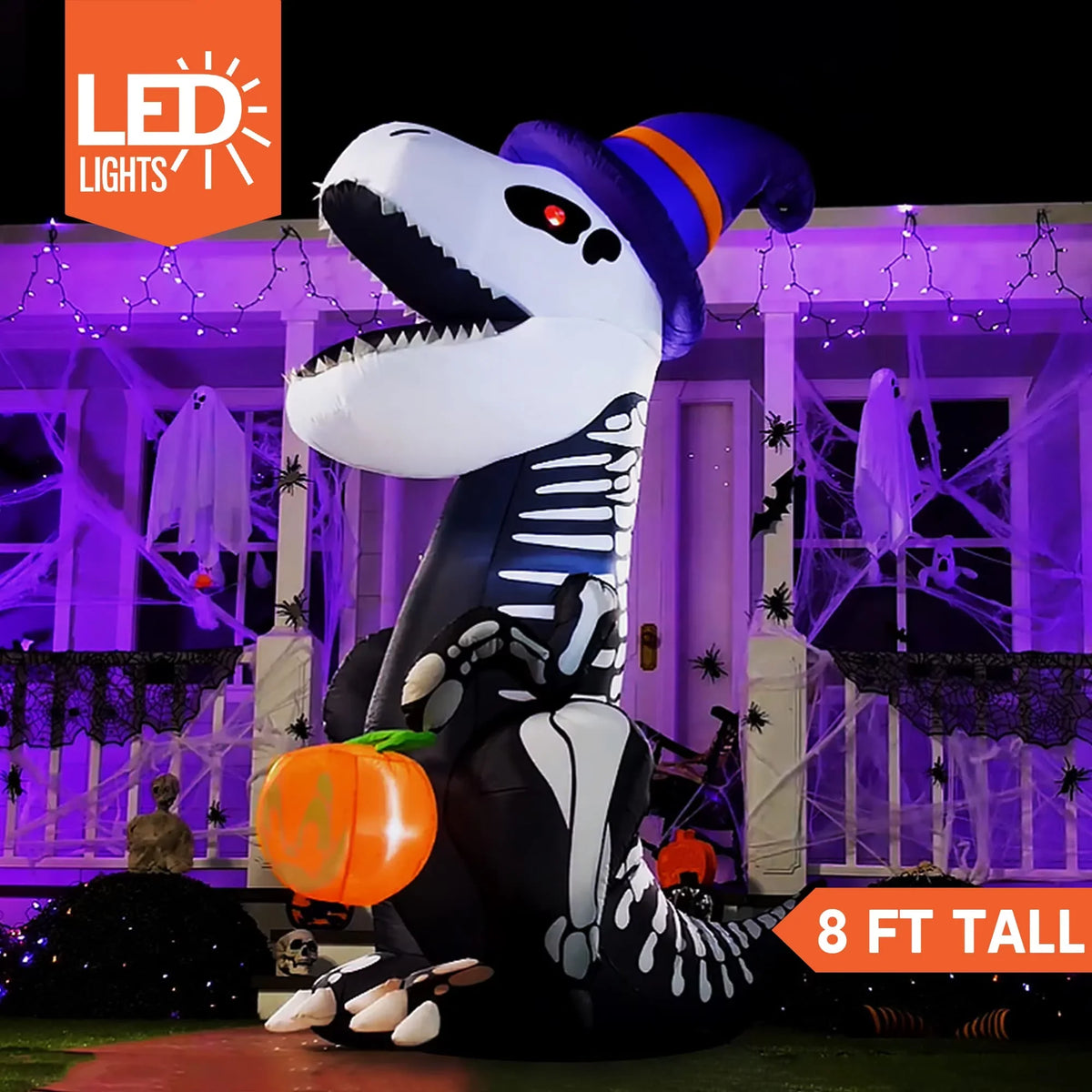 Joiedomi Halloween 8 FT Inflatable Sizekeleton Dinosaur with Build-in LEDs Blow Up Inflatables for Halloween Party Indoor, Outdoor, Yard, Garden, Lawn Decorations