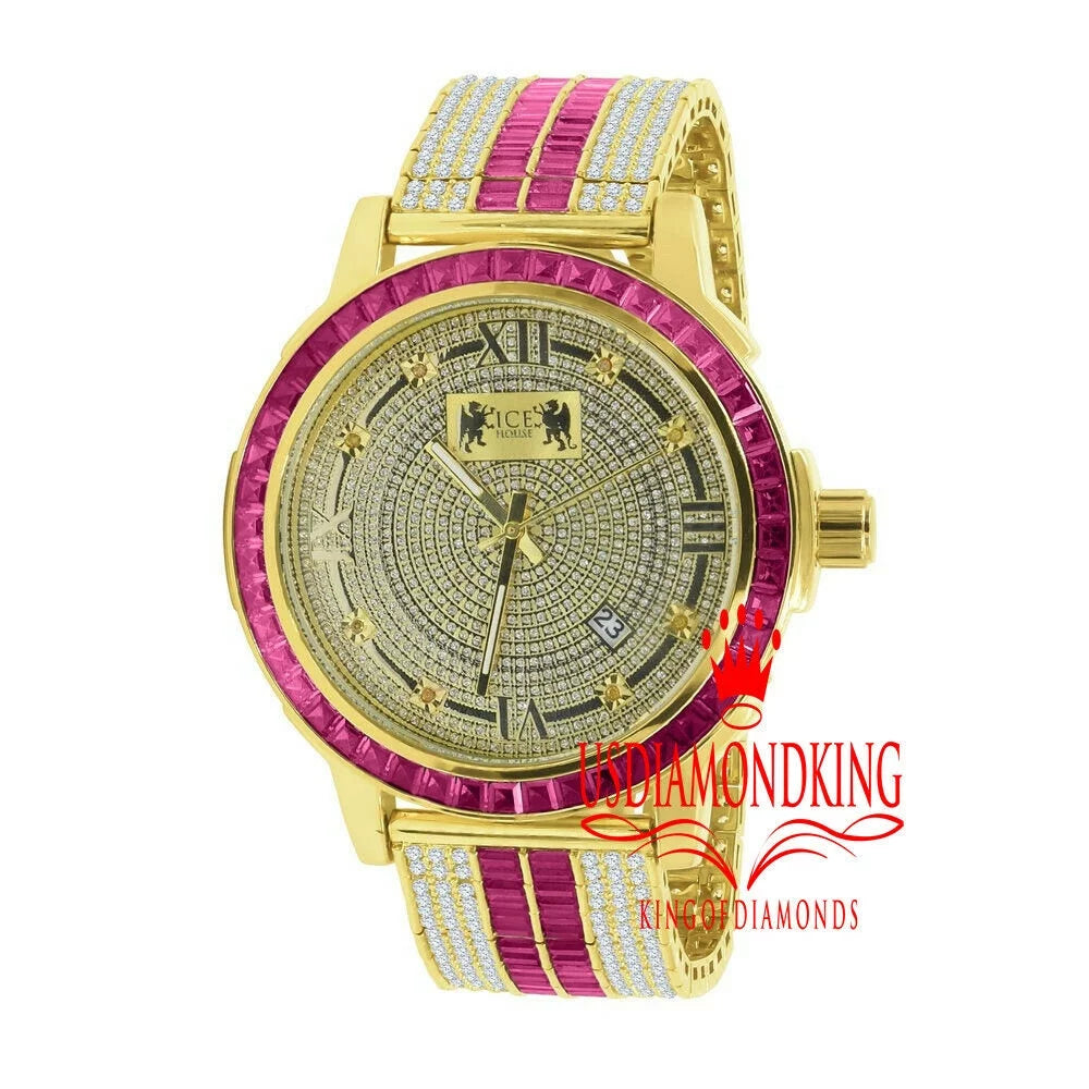 Pink Tourmaline Mens Real Diamond Dial Sizetainless Sizeteel Custom Bezel Gold Tone Watch