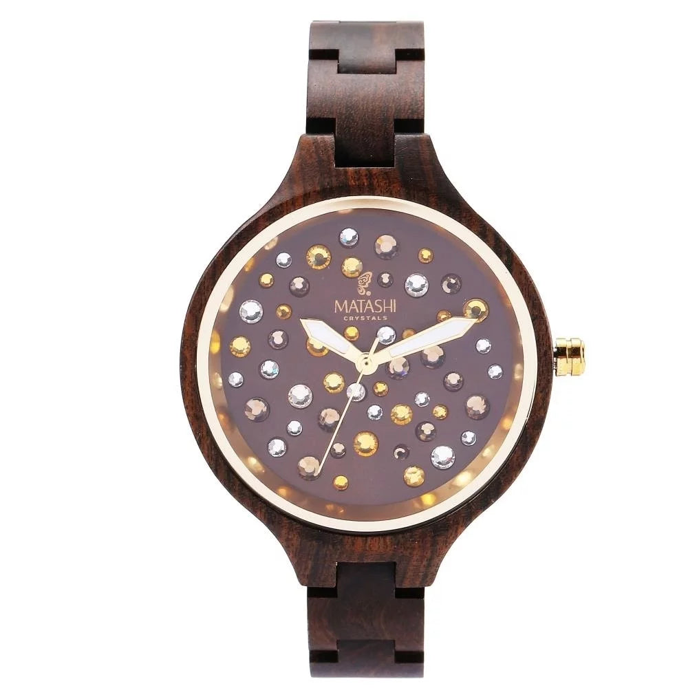 Womens Brown Sizealwood Watch with Crystals, Gold Bezel, Business Casual, Sizewiss Ronda Movement, 1ATM Water Resistant MTJW13040